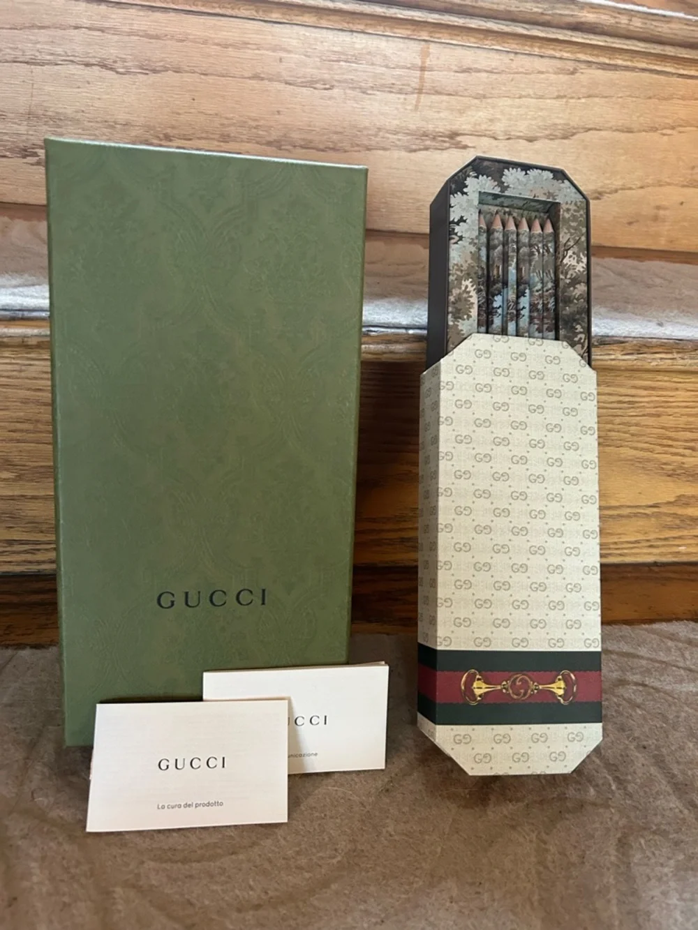 Gucci Green Box with Patterned Pencil Tin and Decorative Pencils